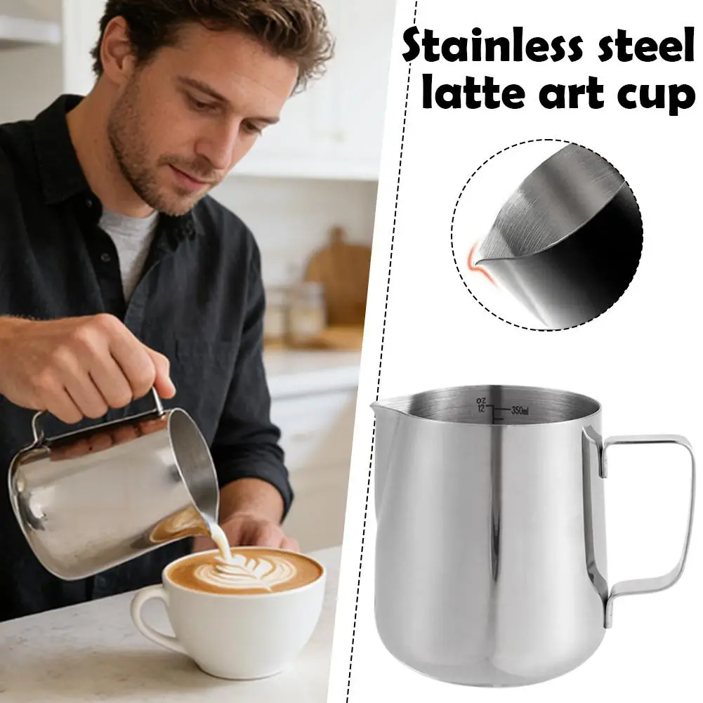 Edelstahl Latte Art Krug mit Skala für Kaffee, Milch und Sahne – Ideal zum Aufschäumen