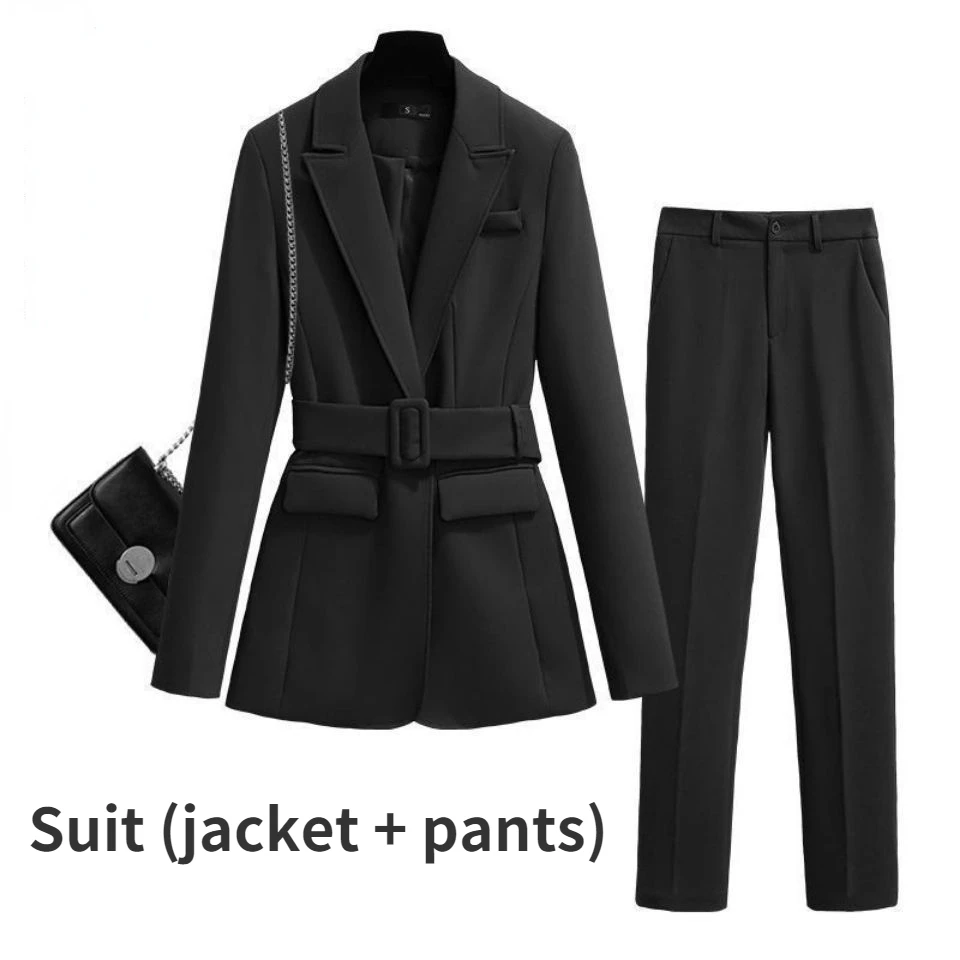 Purple Long Women Blazer and Pants 2 Pcs Set Two Piece Suit with Waist Belt Autumn 2022 Office Black Coat Sashes Business S-4XL