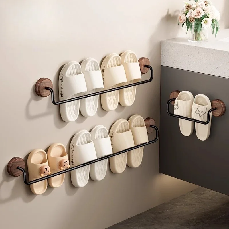 Walnut Bathroom Towel Rail No-Drill Installation Toilet Shoe Rack Entrance Door Storage Shelf