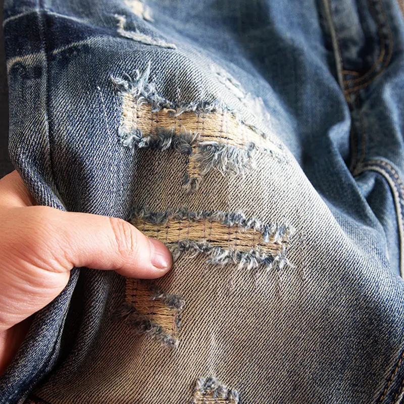 Street Fashion Men Jeans Retro Washed Blue Stretch Slim Fit Ripped Jeans Men Patched Designer Hip Hop Vintage Denim Pants Hombre