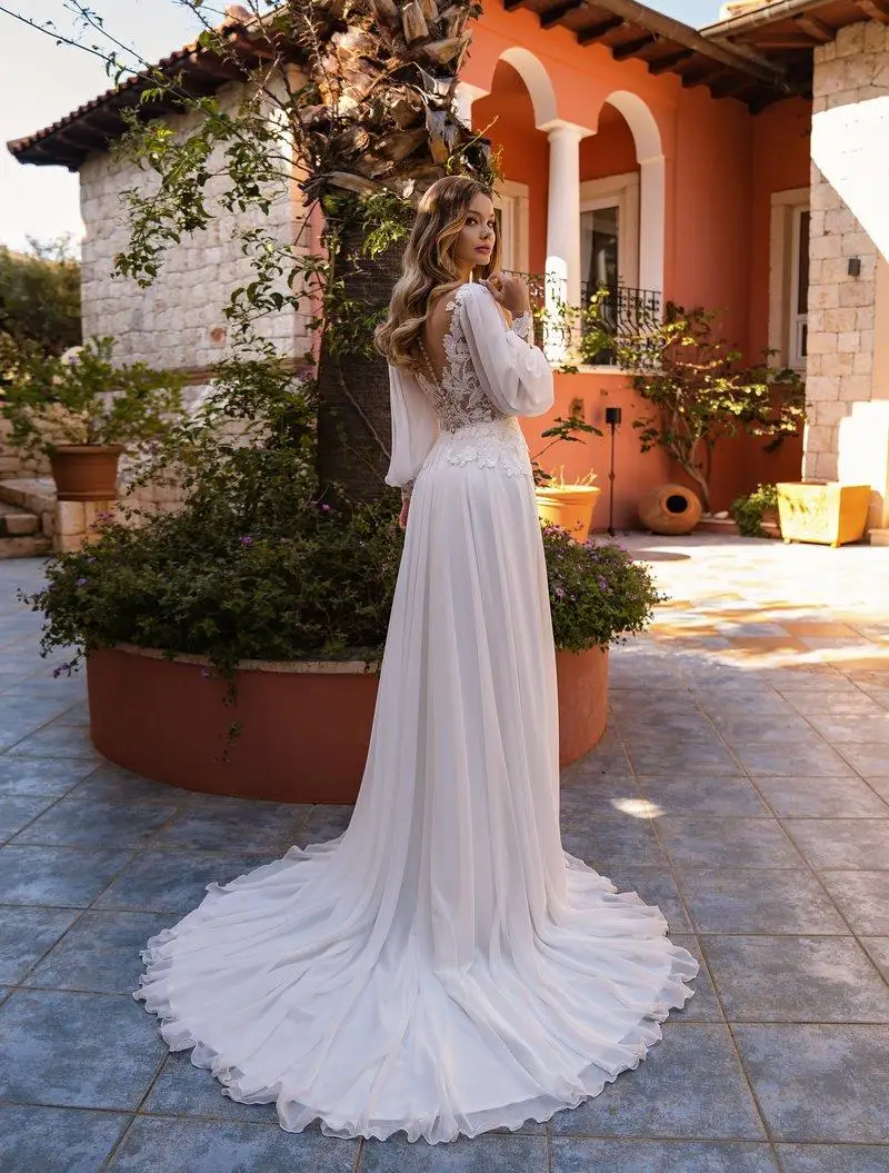 Sevintage Chiffon maniche lunghe a sbuffo abito da sposa Boho Appliques pizzo spiaggia abiti da sposa o-collo corte treno abito da sposa