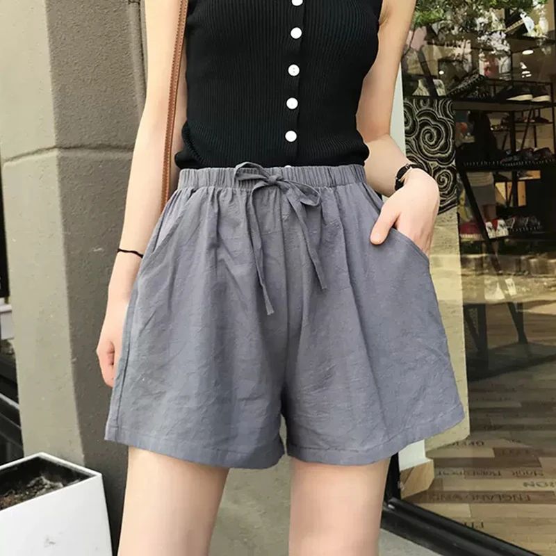 المرأة القطن والكتان قصيرة ، الكورية ، فضفاض ، طيات الصلبة ، ارتفاع الخصر ، السراويل عارضة الإناث ، الصيف ، كل مباراة ، السيدات الرياضية ، جديد ، Y2K #1