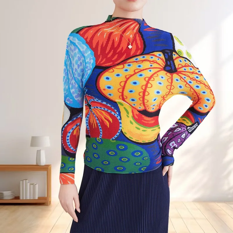 

Miyake Cartoon Print Blouse Fashion High Neck Fall New Pleated Bottoming Shirt T-shirt Women's Tight Elastic Commuter Clothing