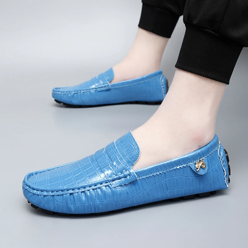 Patent Leather Loafers for Men with Crocodile Pattern, Korean Style Trendy Casual Slip-On Shoes