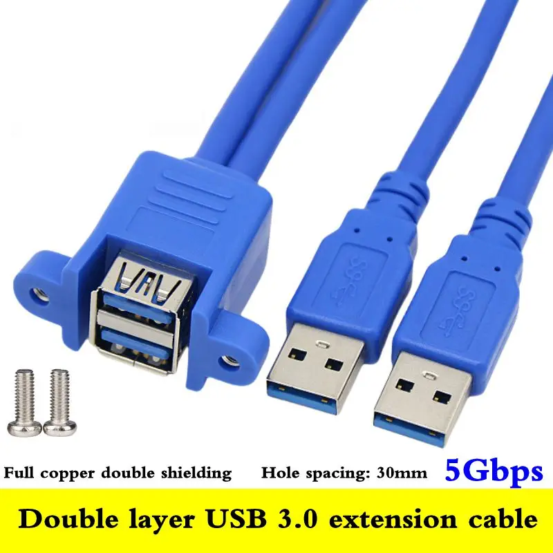 30cm Double Layer USB Panel/Baffle Expansion Cable With Ear Screw Hole For Fixing Dual Port USB 3.0 Male to Female Data Cable