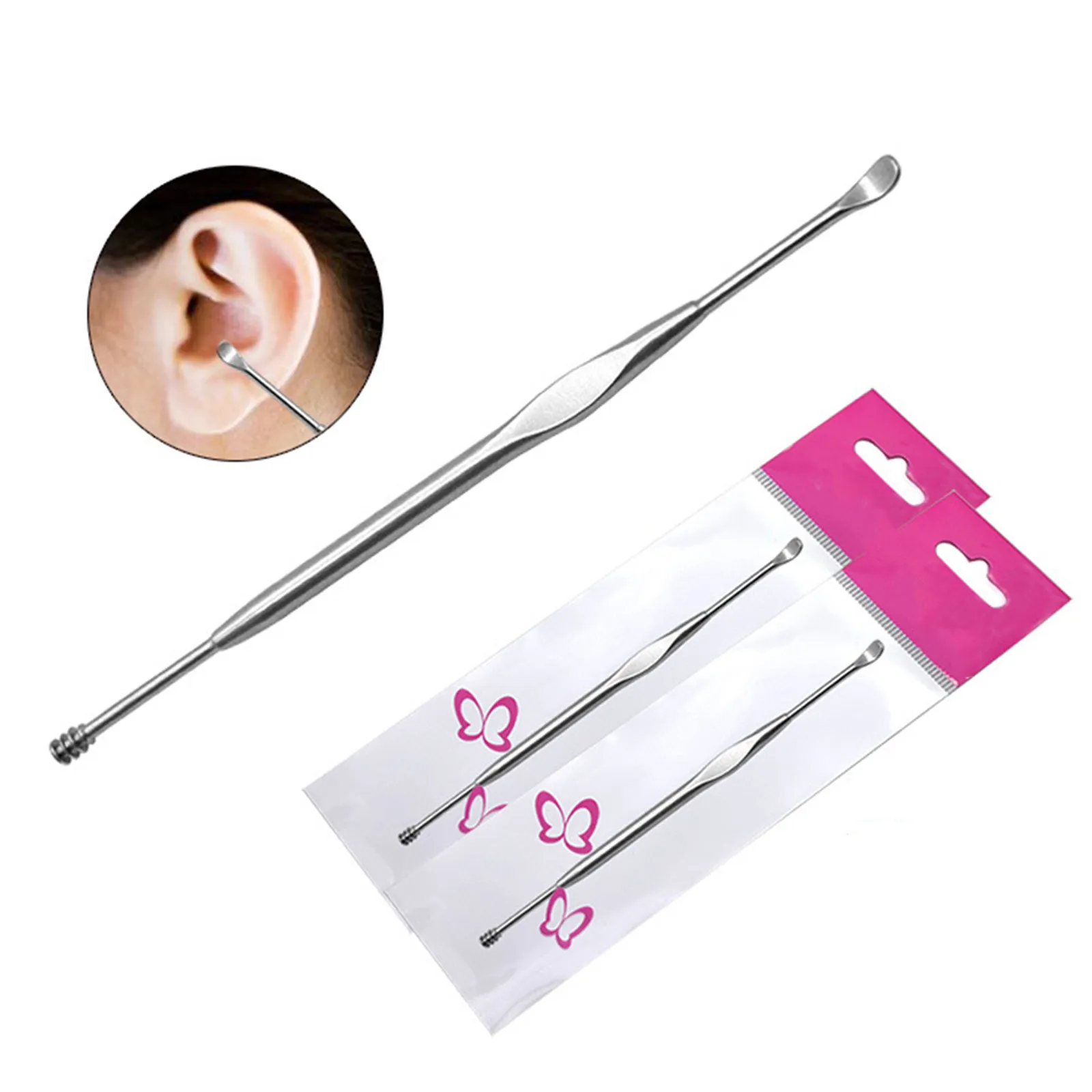 Stainless Steel Ear Pick 2pcs Double-End Spiral Ear Spoon for Safe Earwax Removal Portable Lightweight Tool