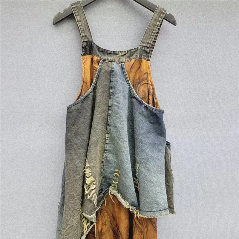 레트로 여성 프릴 스플 라이스 데님 탱크 드레스 불규칙한 오버올 서스펜더 카우보이 스커트 세련된 스트랩 찢어진 청바지 드레스 베스 티드