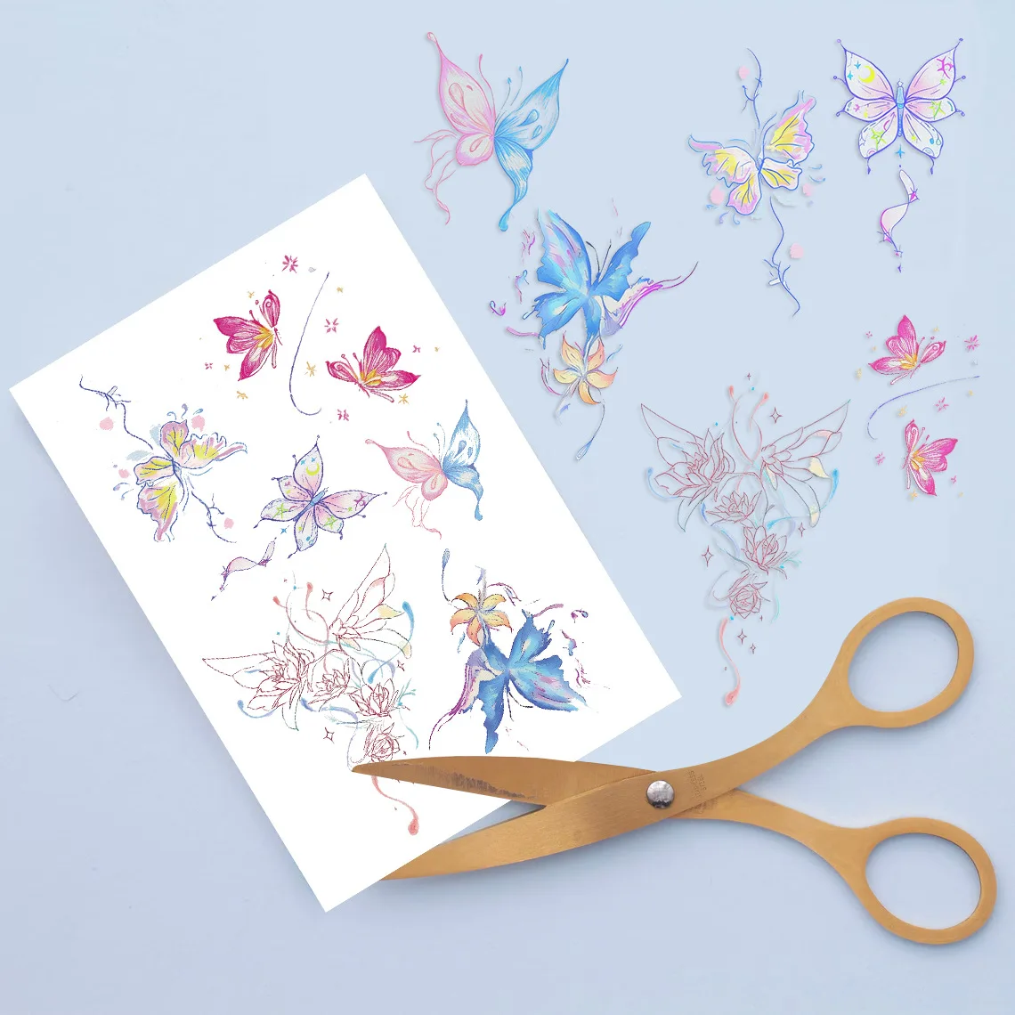 مادة لامعة ملونة على شكل فراشة ملصق وشم على شكل ذراع الفتاة ملصق وشم متقدم مقاوم للماء للرياح