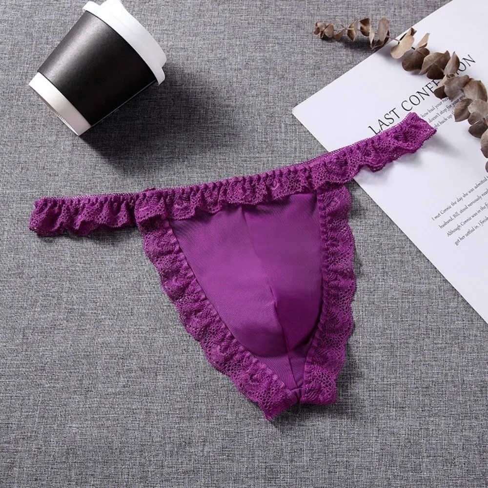 Comfortable Low Waist Men's Lace Thongs Underpants Thin Men's Mesh Lace Panties Ruffle Belt T-back Male Briefs Male