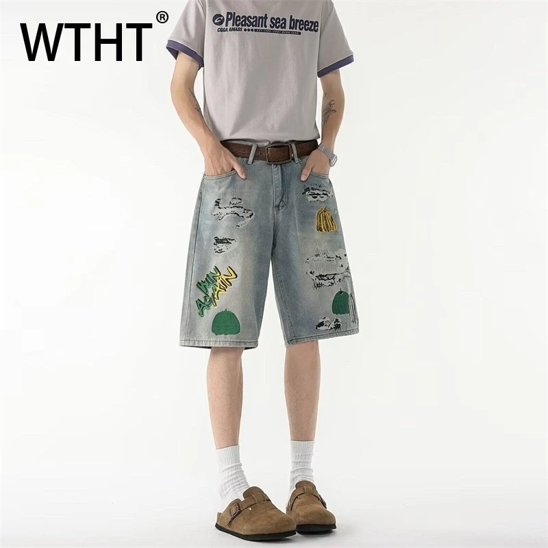 

WTHT Vintage 2025 Summer Men's Irregular Cartoon Print Denim Shorts Fashion Wash High-waisted Wide Leg Short Pants Male 2A0858