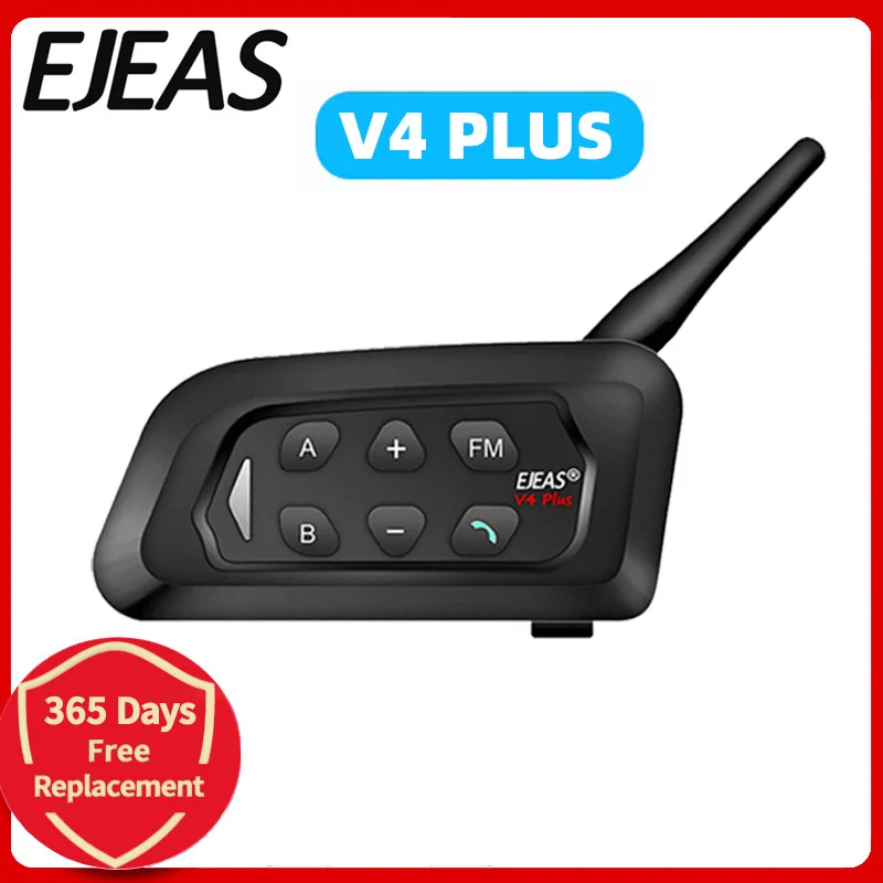 Ejeas V4 Plus Motorhelm Bluetooth Walkie Talkie 4 Rijders Afstand 1500 Meter Full Duplex Ip65 Waterdicht