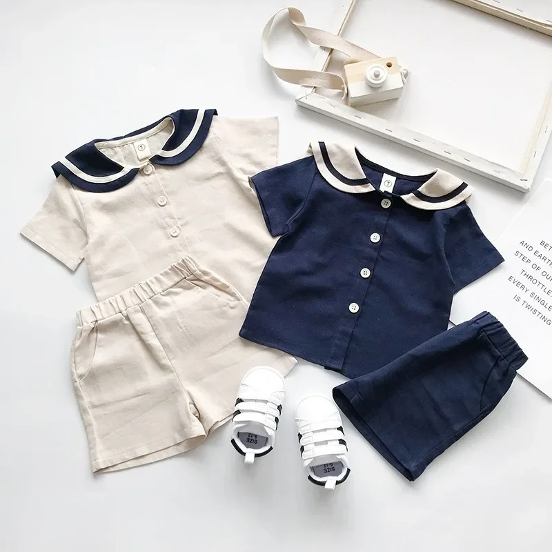 Camiseta y pantalones de lino y algodón para niños, conjunto de ropa de verano con cuello de marinero estilo marino, humor de oso japonés coreano, trajes