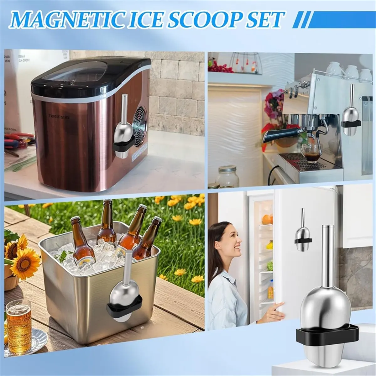 HITL Ice Scoop with Magnetic Scoop Holder for Opal 2.0 Ice Makers, 9 Inch Stainless Steel Silver Scooper