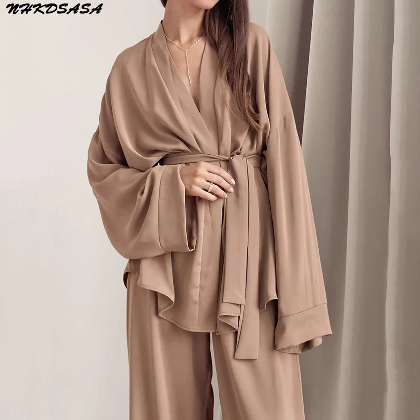 Pajamas For Women Loose Nightwear Long Sleeve 2 Piece Sets Pyjamas Sashes Solid Trouser Suits Casual Female Sleepwear 2022