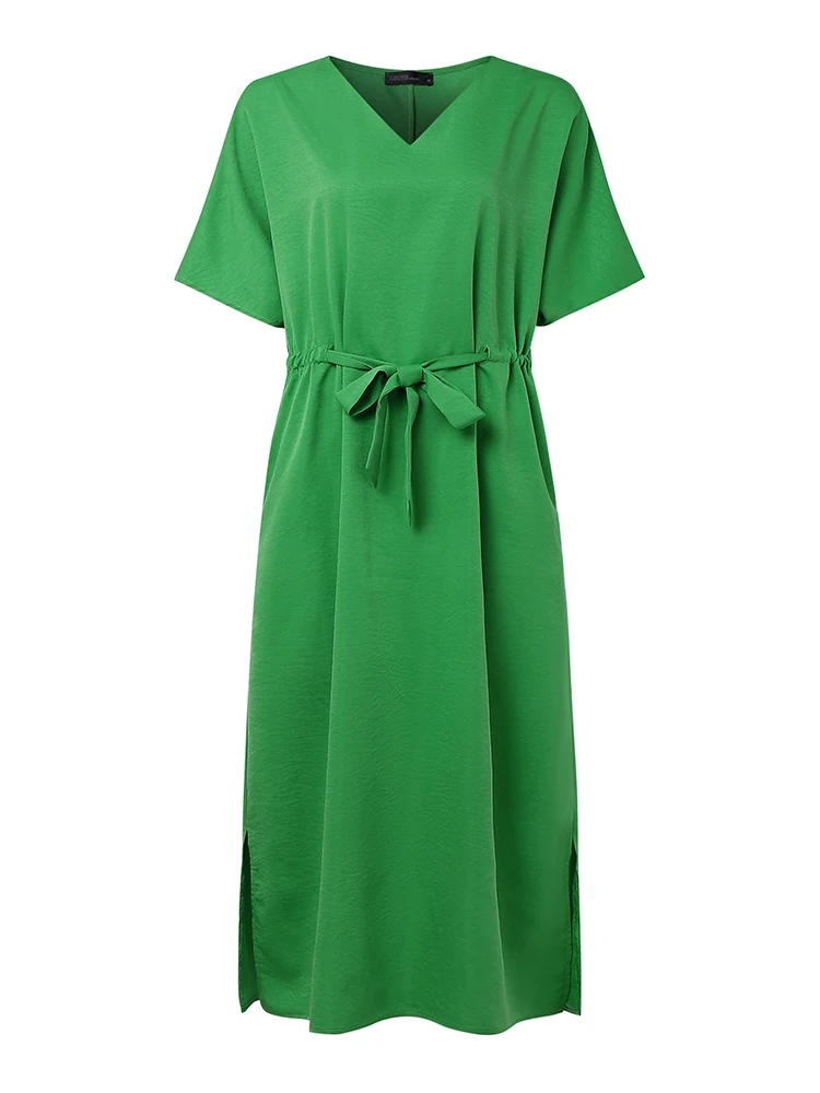 ZANZEA فستان ميدي أنيق متين موضة كم قصير برباط فستان الشمس عتيق على شكل حرف a فيستدوس 2025 رداء فضفاض غير رسمي برقبة على شكل حرف v