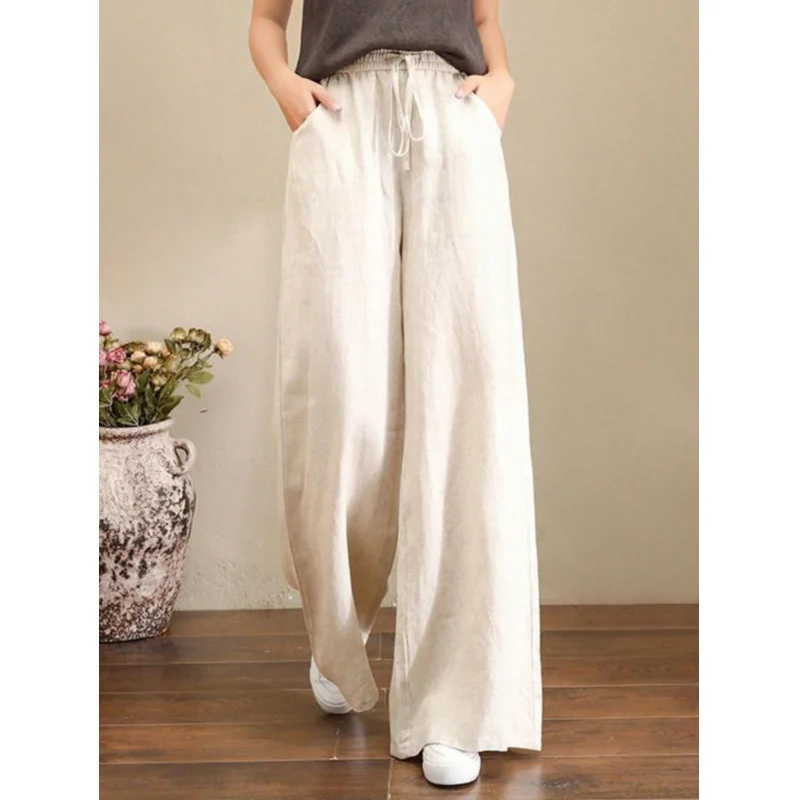 

2025Summer Solid Color Cotton Linen Wide Leg Pants Women Plus Size Slimming High Waist Drawstring Plus SizeMMLoose Cotton Li