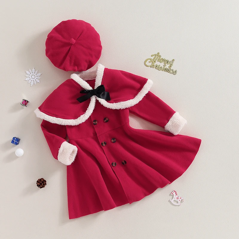 Girls Winter Outfit Cozy Fleece Hooded Jacket with Matching Pom Pom Hat Cute Button Closure 2-Piece Set for Christmas