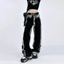 American Style Vintage Customized Lapel Y2k Baggy Jeans Women Streetwear Trousers Hot Girl High Waist Women's Black Gray Pants