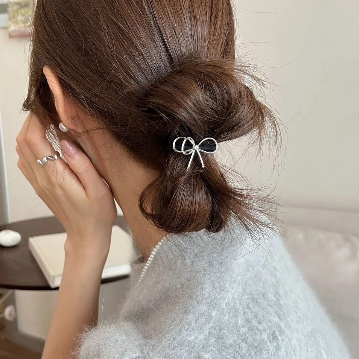 

Premium Metal Bow High Elastic Hair Tie Korean Style Gold Silver Tone Ponytail Elastic Cute Daily Hair Accessory