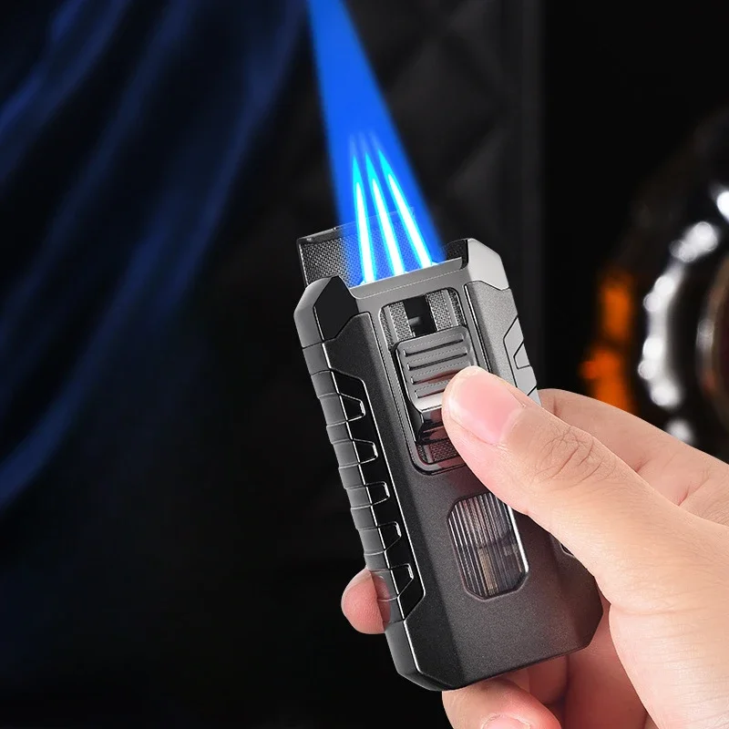 2025 Triple Metal lighter Large Capacity Visible Gas Compartment Lighter Blue Flame Jet Cigar Tool Windproof USB Turbine