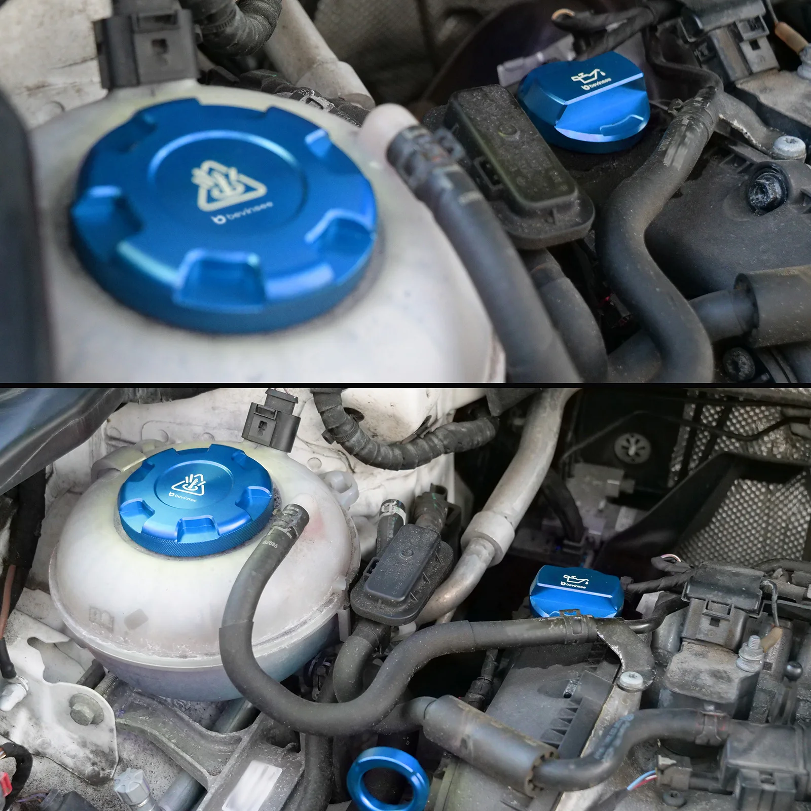 BEVINSEE Aluminium-Öleinfülldeckel & Kühlmittel-Ausgleichsbehälter-Deckel & Bremsflüssigkeitsdeckel für VW Golf 7/7.5 für Audi A3 S3 RS3 – Detail 2