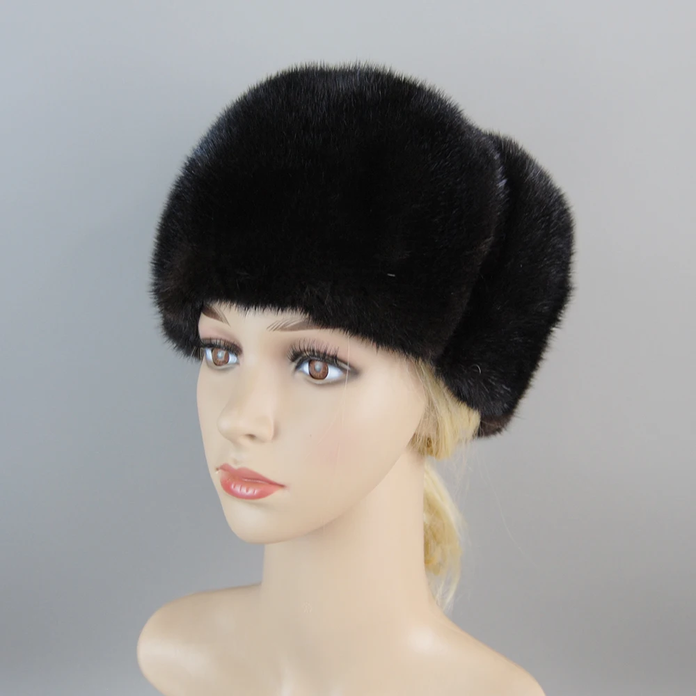 2024 Winter Unisex Real Fur Mink Skin President Hats Outdoor Head Warm Marten Bonnet Black/Brown 56-61cm Real Mink Caps Beanies