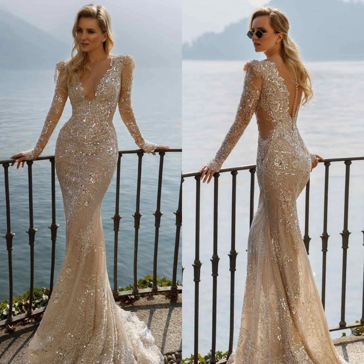 

Блестящее вечернее платье русалки с длинным рукавом и скользящим шлейфом для выпускного вечера Giwns с блестками и аппликациями Vestidos De Gala по индивидуальному заказу