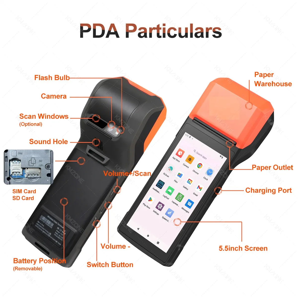 Handheld Android 13/14 PDA Printer 58MM Mobile Receipt Bill Thermal Printer 5.5 Inch Touch Screen Bluetooth Wifi NFC 2D Scanner