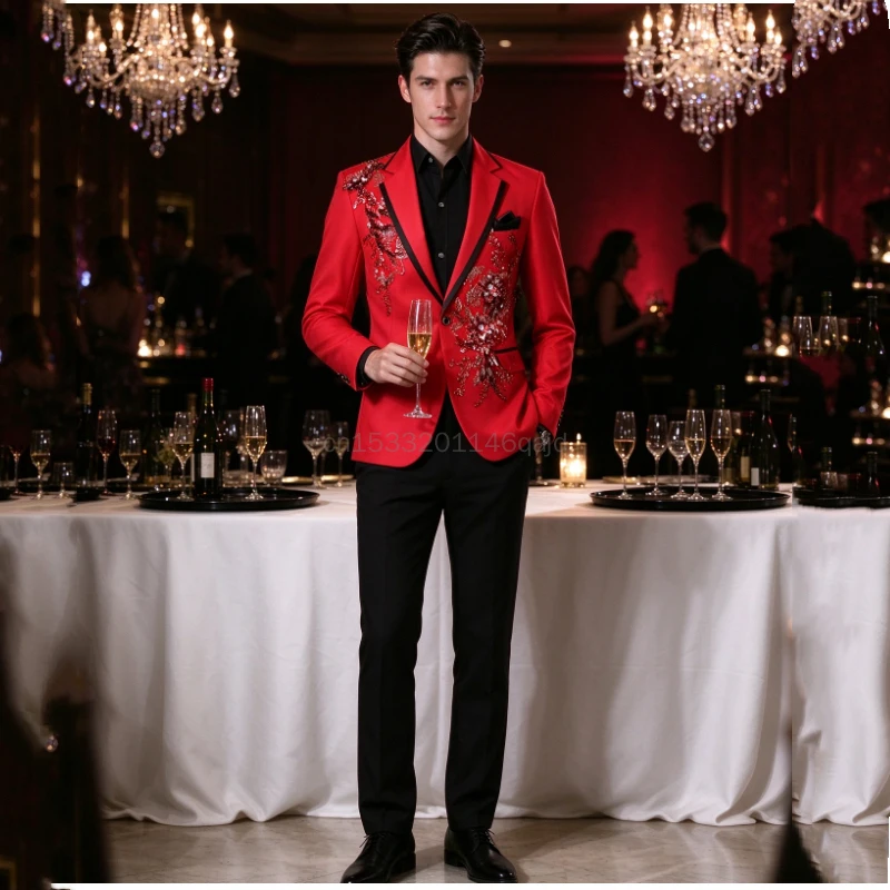 Male Singer Nightclub Stage Performance Suit Suit, Bar Dress, Three-dimensional Double-sided Flower and Diamond Inlaid Suit