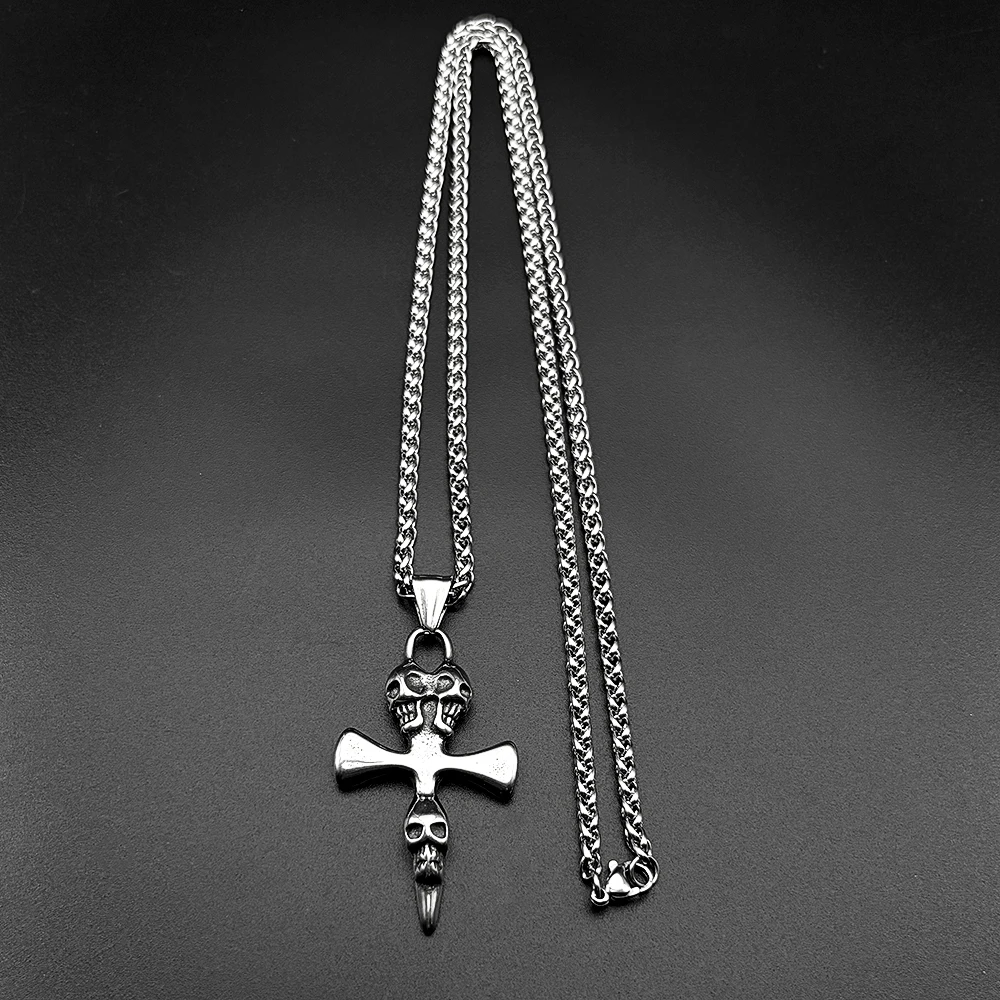 Modische Totenkopf-Kreuzkette für Damen und Herren, Edelstahl, schwarz, Dark-Punk, Heavy-Metal-Anhänger, Halskette, Schmuck, Geschenke – Detail 8