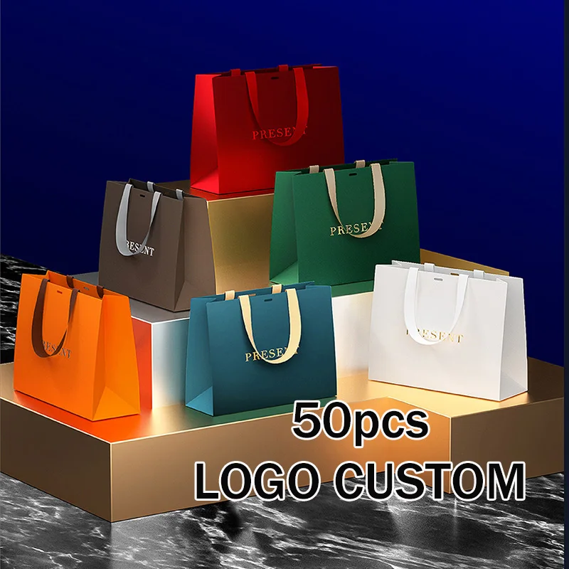 

50Pcs Bulk Gift Wrap Bags Logo Print Reusable Craft Handle Kraft Paper Bags For Boutiques Grocery Stores Party Favors