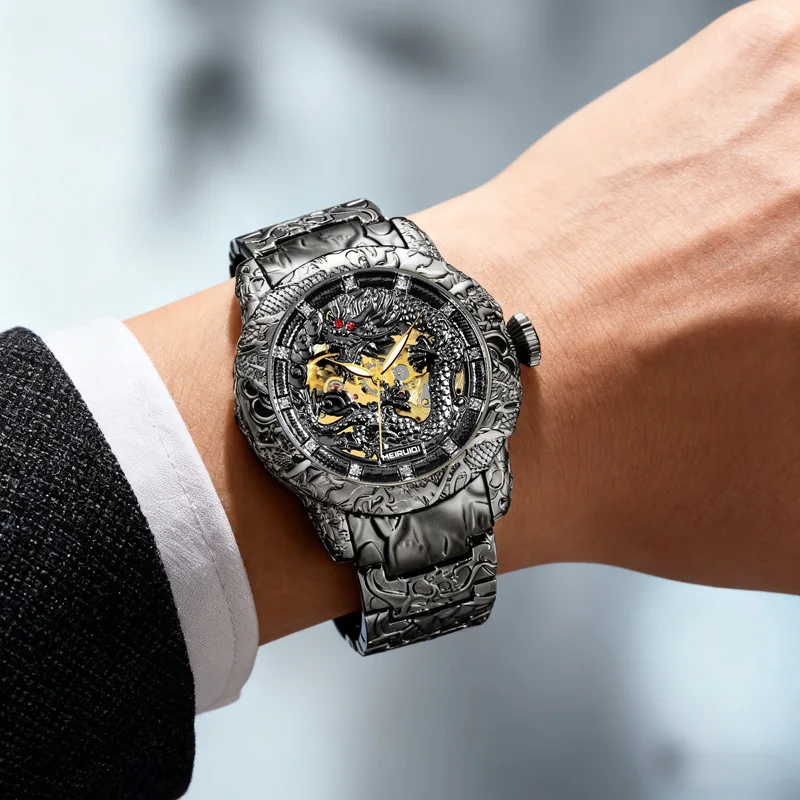 A Men's Black Fashion Style Creative Black Dragon Carved Fully Automatic Mechanical Watch view 5