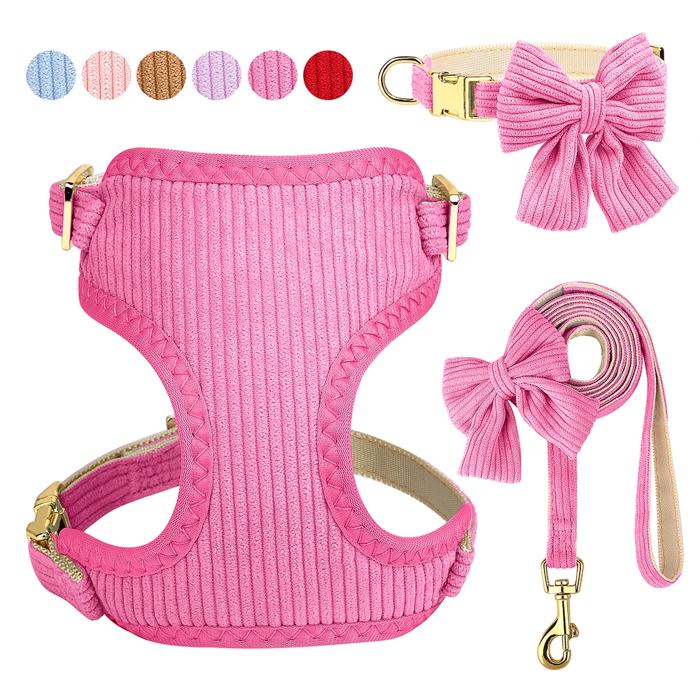 3pcs/set Dog Collar Harness and Leash Cute Bowknot Dogs Buckle Collars Pet Vest Harness Lead Leash Small Medium Dogs Pink Bowtie