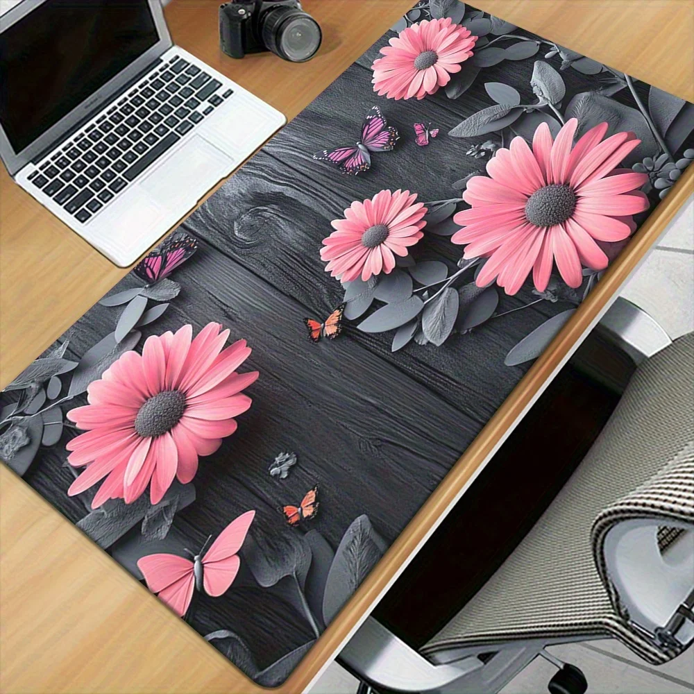 Pink Daisy Butterfly Black Wood Desk Mat Large Non-Slip Rubber Base Gaming Office Mouse Pad