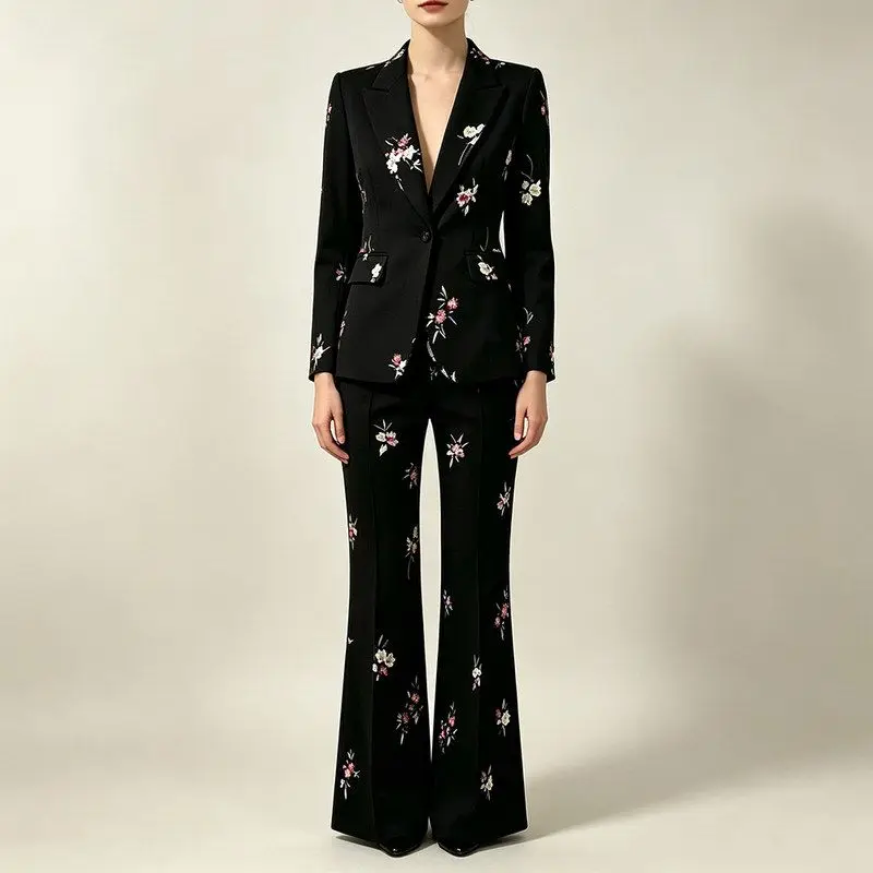 2026 New Elegant Celebrity Fashion Printed Suit Pants Two-Piece Set Long Bell Bottoms High Quality Ladies' Ensemble