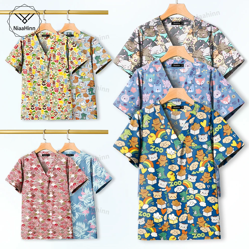 

Women's Medical Uniform Nursing Scrubs Top Hot Selling Print Patterns V-neck Short Sleeved Shirt Unisex Mens Scrub Hospital Wear