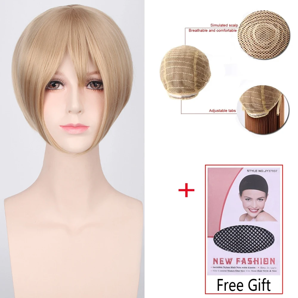 

Synthetic Hair Short Bob Wigs with Bangs Heat Resistant Grey Pink Purple Blonde Black White Blue Red Anime Cosplay Wig+wig Cap
