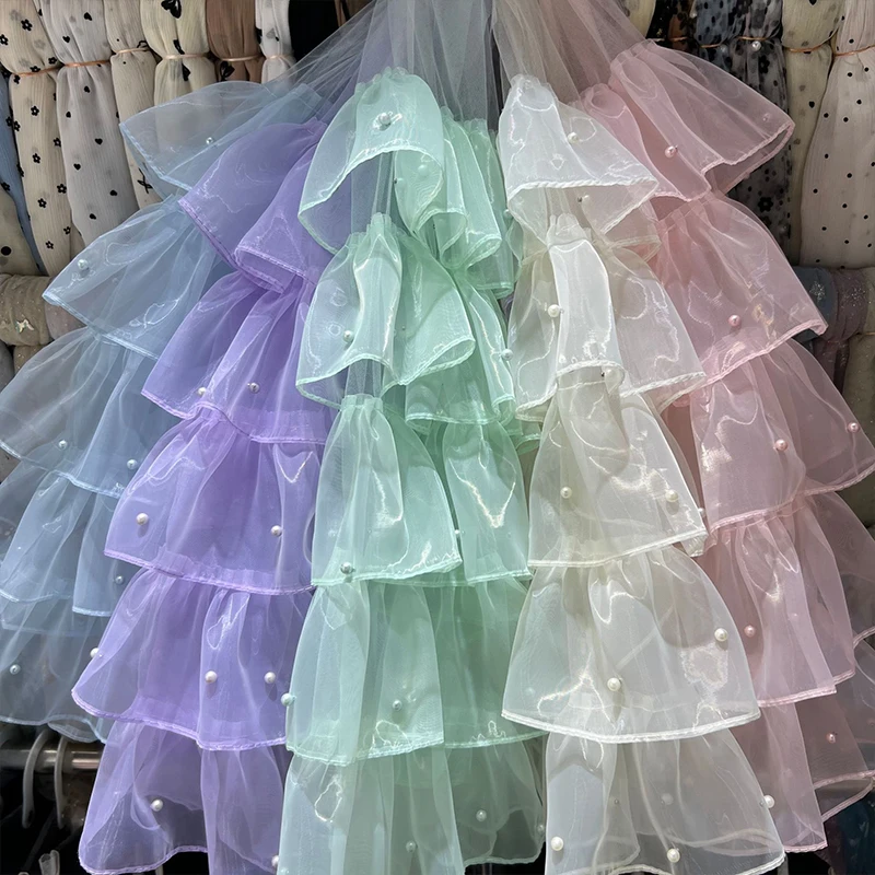 1yard 5 Rows Organza Pleated Fabric Multi Layer Ruffles Lace Trim Fabric with Beads DIY Dress Skirt Doll Clothes Accessories