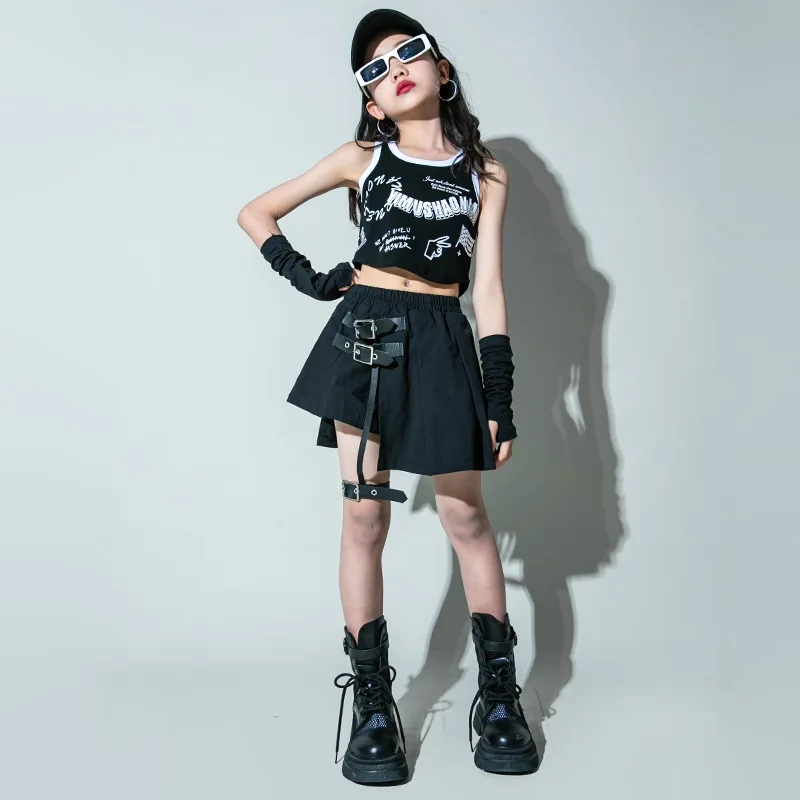 Girls Hip Hop Dance Costume Children Letter Print Black Vest Top Binding Skirt Kids Jazz Street Performance Clothes