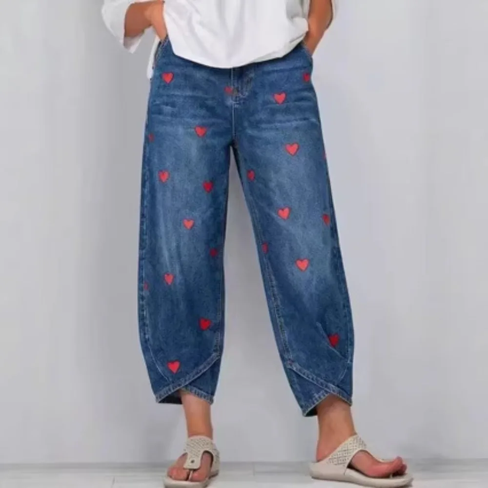 

Women's Blue Heart Print Washed Denim Cropped Jeans High Waist Loose Casual Sports Pants Fashion Fit Denim Trousers For Ladies