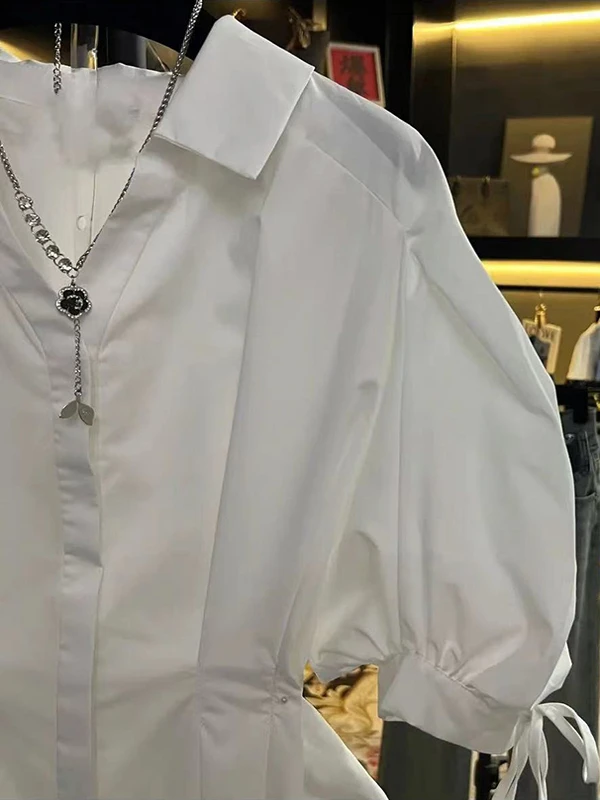 Summer 2025 Women's Elegant Short Sleeve Shirt Slimming Waist Design Belly Covering Fashionable Top Korean Style High Waist