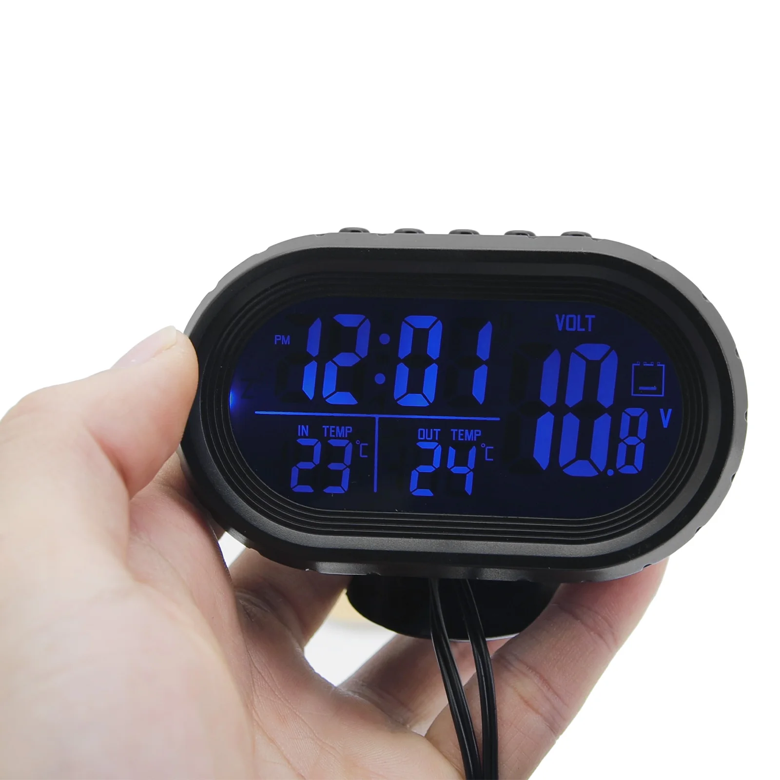 12V Blue Green Backlight 3in1 Car Voltmeter Thermometer LCD Digital Noctilucous Clock Interior Accessories Temp Gauge