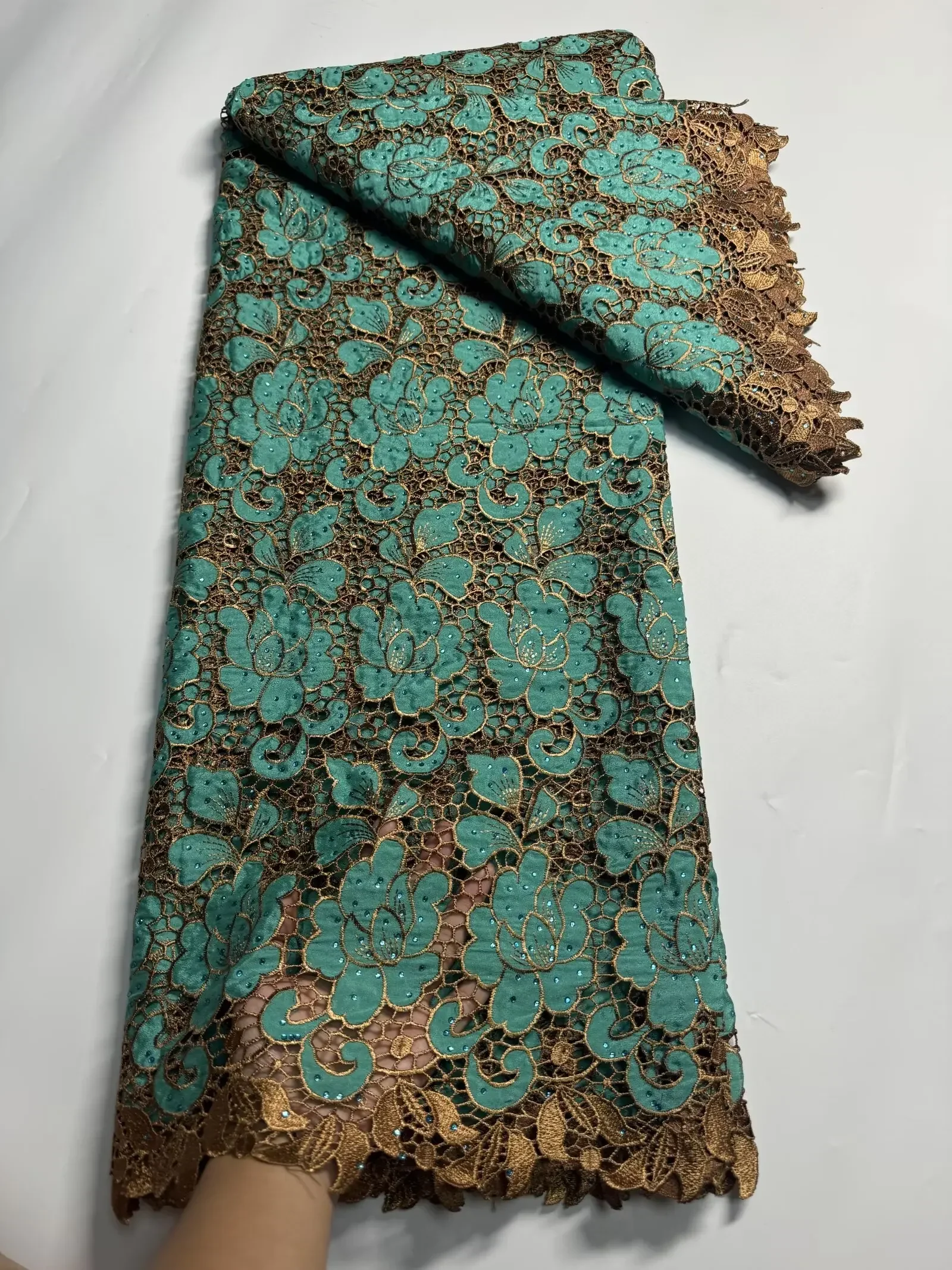 

2025 High Quality Cord Embroidered African Lace Fabric Nigerian Laser Chiffon Swiss Voile Cord Lace for Wedding 5Yards AH1468