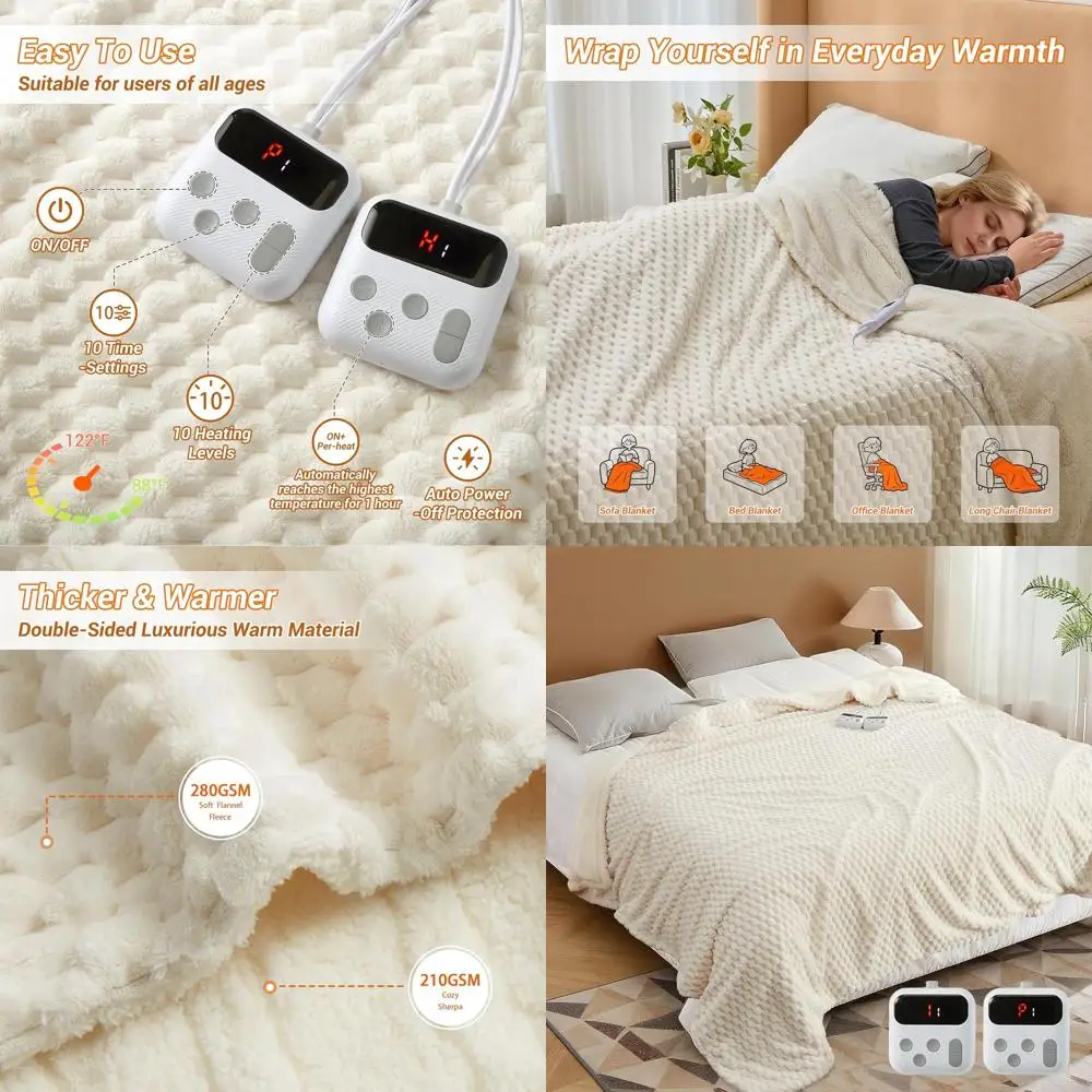 

King Size Electric Heated Blanket 90x100 with Dual Controls, 10 Heat Levels, Auto-Off, Soft Fleece, Washable, Beige