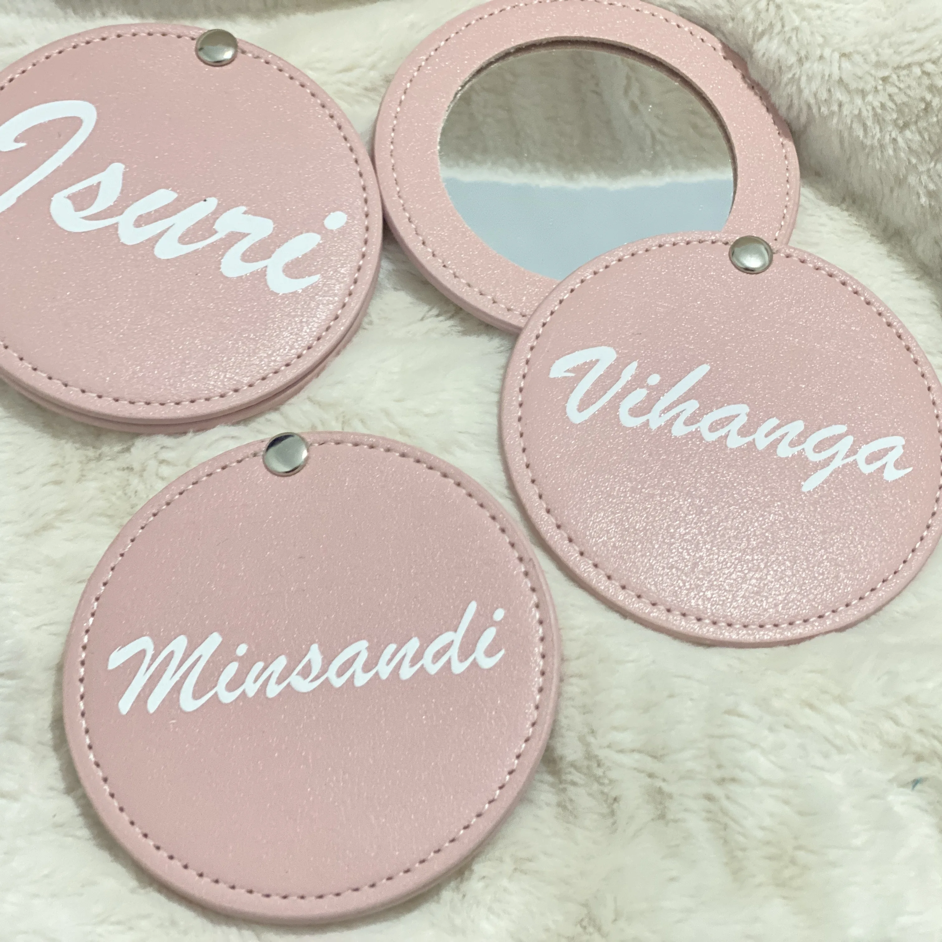 Personalized PU Leather Ultra-thin Round Makeup Mirror Double-sided Custom name Mirror Folding Pocket Compact Mirror for Travel