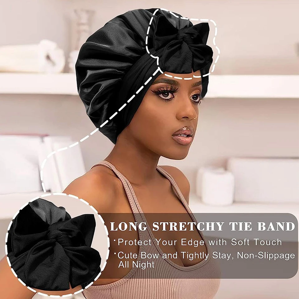 Satin Solid Sleeping Hat Silky Bonnets With Long Tie Bands Elastic Shower Cap Adjustable Cap For Braids Curly Long Hair Bonnets