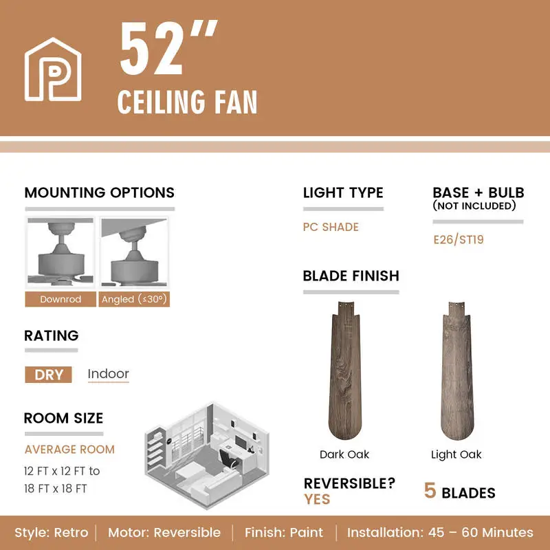 

52 Inches Ceiling Fan with Remote Control-Oak