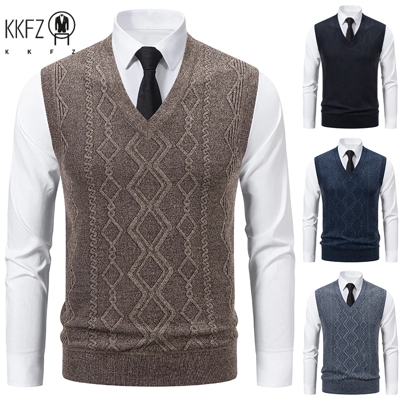 

Men's V-neck Knitted Sweater Warm Autumn Winter Diamond Grid Twisted Flower Casual Fashion Versatile Knit Top