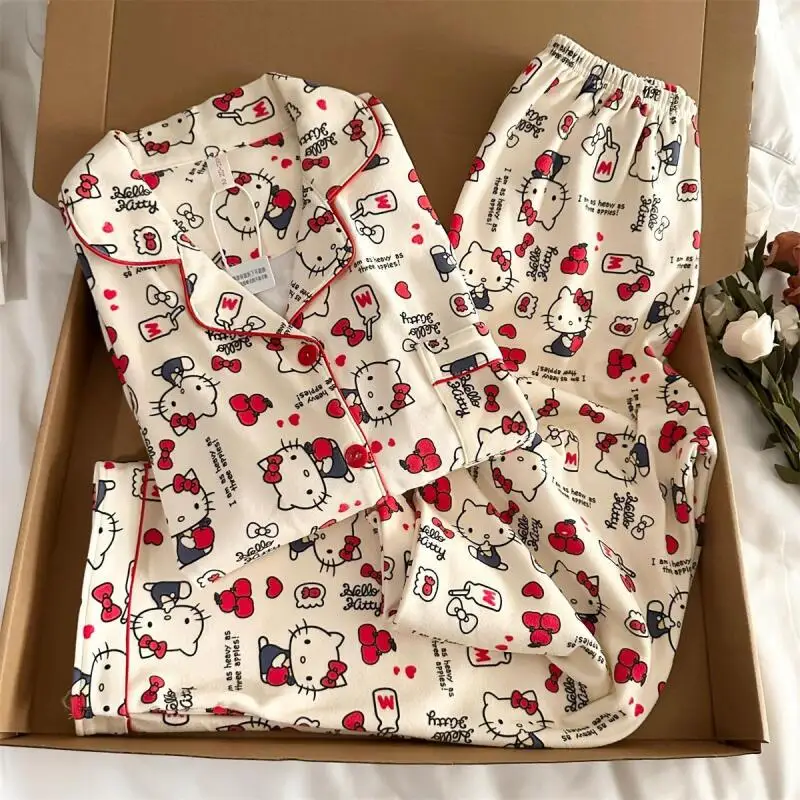

Sanrio Hello Kitty Women's Pajamas Set Kawaii Cartoon Autumn Winter Warm Sleepwear Long-Sleeved Trouser Nightwear Home Wears New