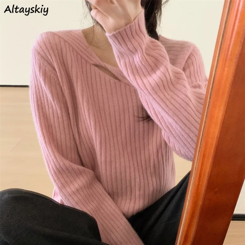 Minimalist Pullovers for Women Long Sleeve Fashion Korean Style Personality Chic Spring Autumn Clothing Solid Soft Casual Ins